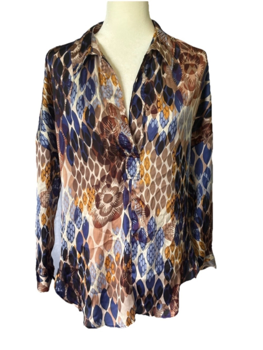 Bisou Bisou Top Medium Tunic Pull Over Long Sleeve Loose Blue MultiColor X Small